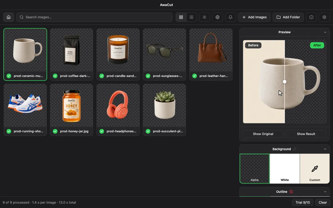 The AwaCut window: a grid of product photos with their backgrounds removed, the export options on the right