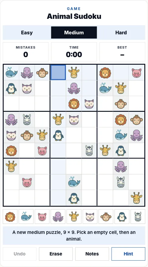 An animal sudoku from awa.games, a 9 by 9 picture sudoku with animals in place of numbers
